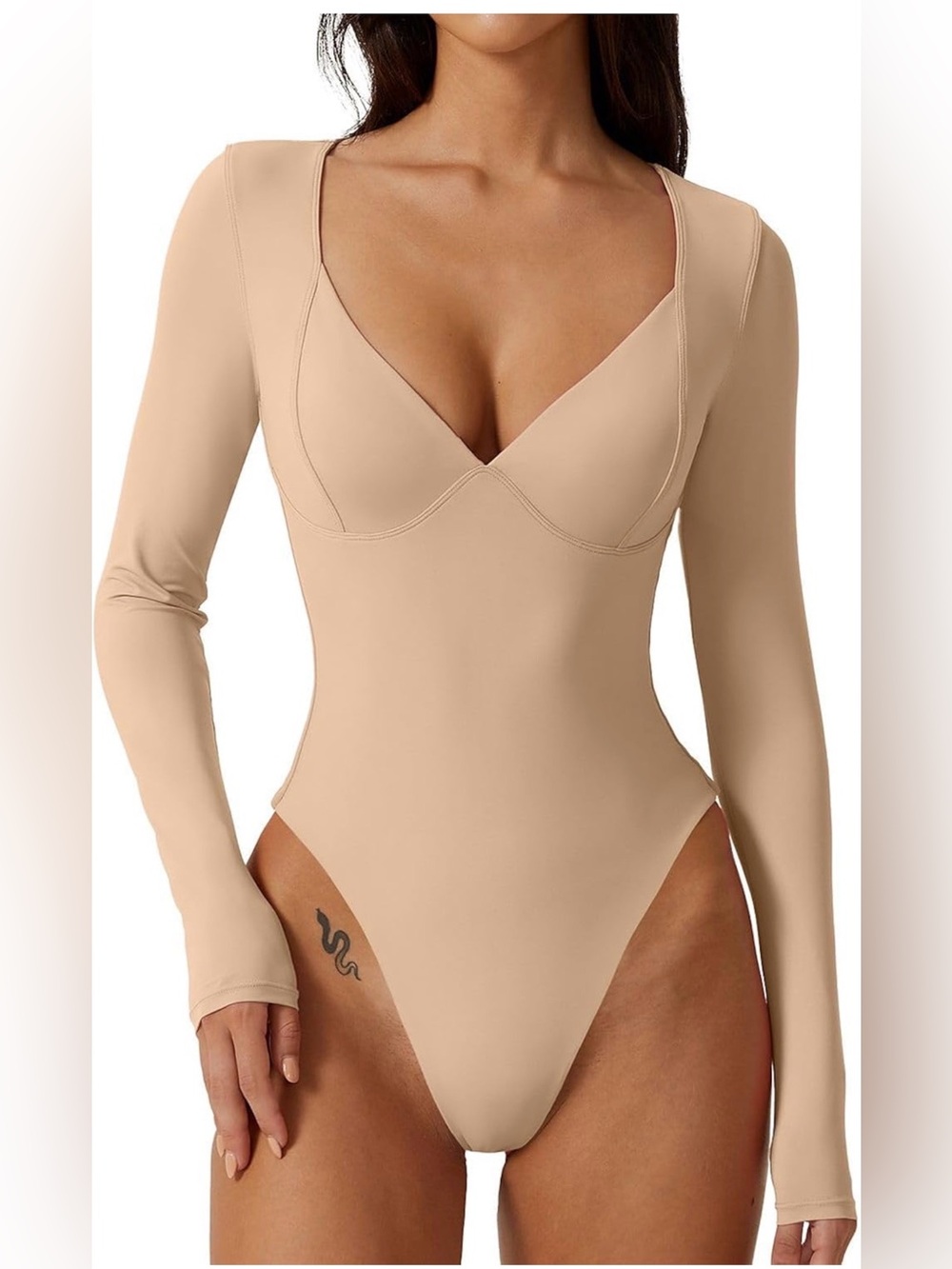 QINSEN Women's Long Sleeve Bodysuit V Neck Body Suits Seamed Cup